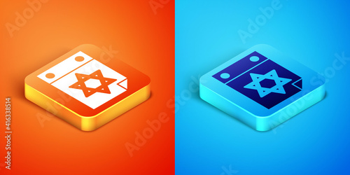 Isometric Jewish calendar with star of david icon isolated on orange and blue background. Hanukkah calendar day. Vector.