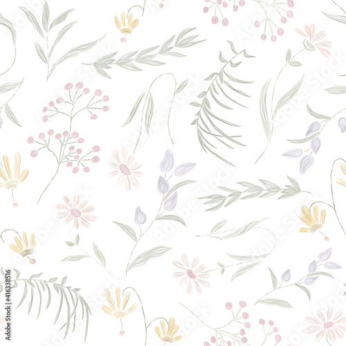 Seamless pattern with wildflowers and herbs.Vector illustration with traced strokes plants in delicate colors on a white background.