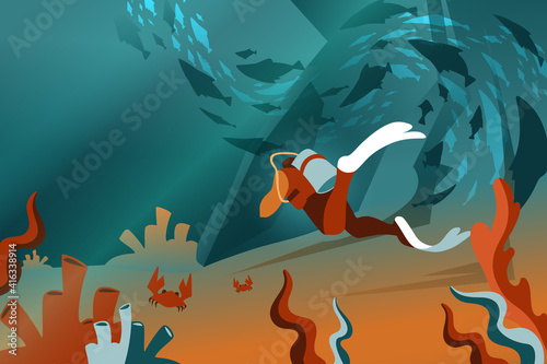Character in scuba gear at the depth of the ocean against the background of coral reefs and fish. Underwater landscape with flora and fauna, crabs and algae on the background of the cave under water. 