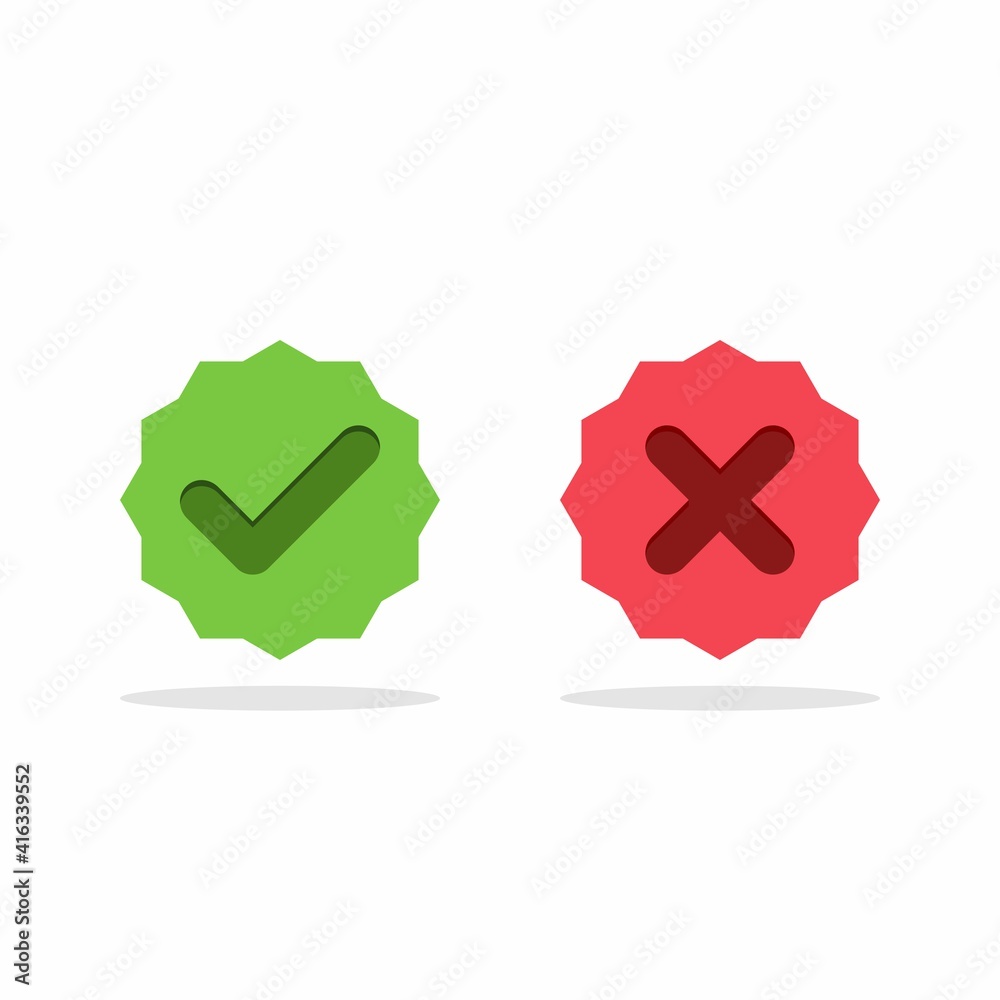 Check and wrong marks, Tick and cross marks, Accepted/Rejected, Approved/Disapproved, Yes/No, Right/Wrong, Green/Red, Correct/False, Ok/Not Ok - vector mark symbols in green and red. Isolated icon. Check and wrong marks, Tick and cross marks, Accepted/Rejected, Approved/Disapproved, Yes/No, Right/Wrong, Green/Red, Correct/False, Ok/Not Ok - vector mark symbols in green and red. Isolated icon.