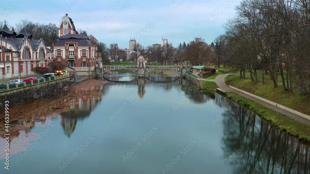 Aerial View of Bridge Over Calm River in Hradec Kralove, Czech Republic Aerial View of Bridge Over Calm River in Hradec Kralove, Czech Republic