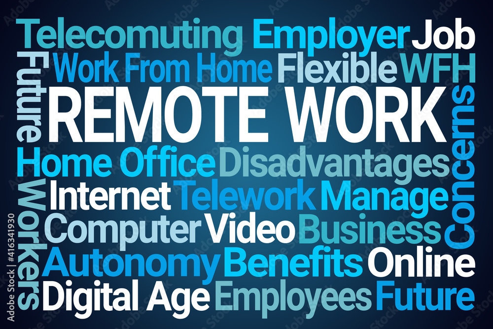 Remote Work Word Cloud on Blue Background Remote Work Word Cloud on Blue Background