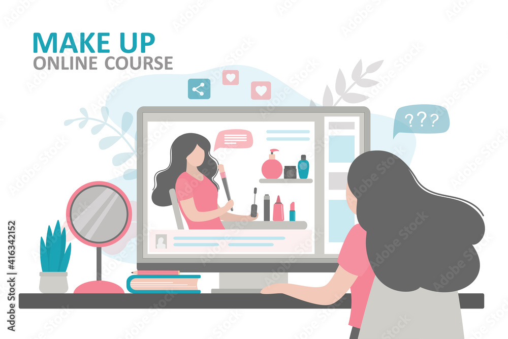 Woman watching lesson from professional makeup artist. Female character learns to use cosmetics through online courses