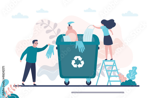People recycle personal protective equipment against coronavirus. Trash bin full of masks and gloves