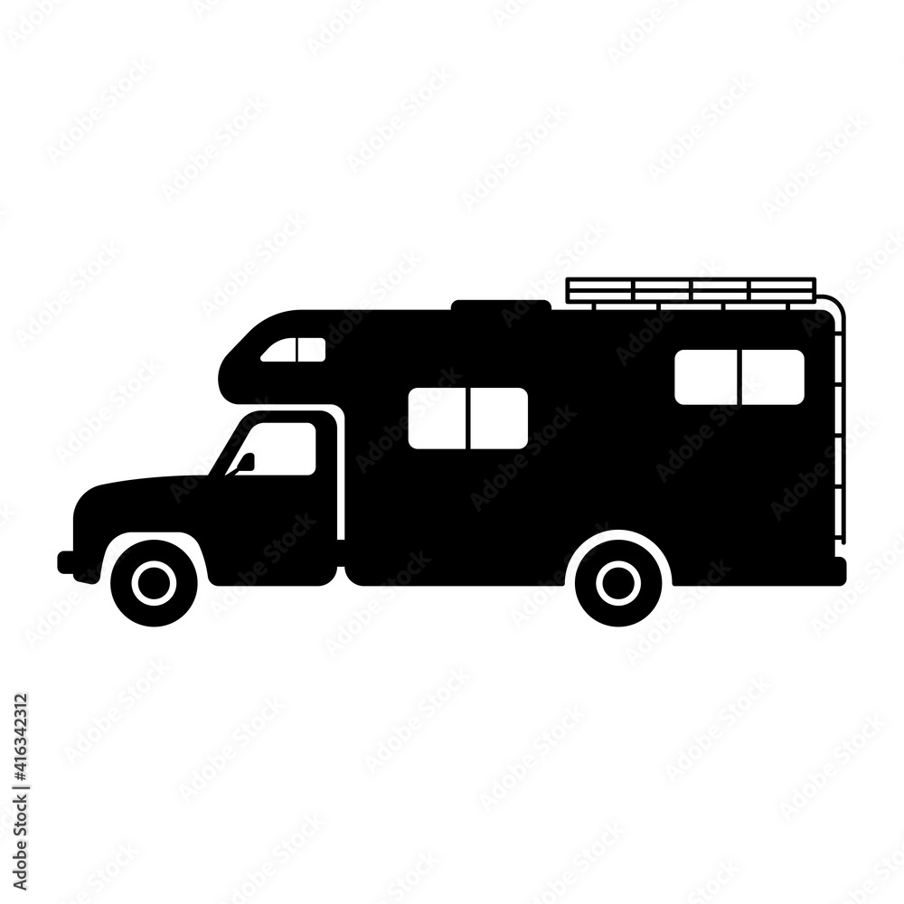 Motorhome icon. Small car for family trips. Black silhouette. Side view. Vector flat graphic illustration. The isolated object on a white background. Isolate. Motorhome icon. Small car for family trips. Black silhouette. Side view. Vector flat graphic illustration. The isolated object on a white background. Isolate.