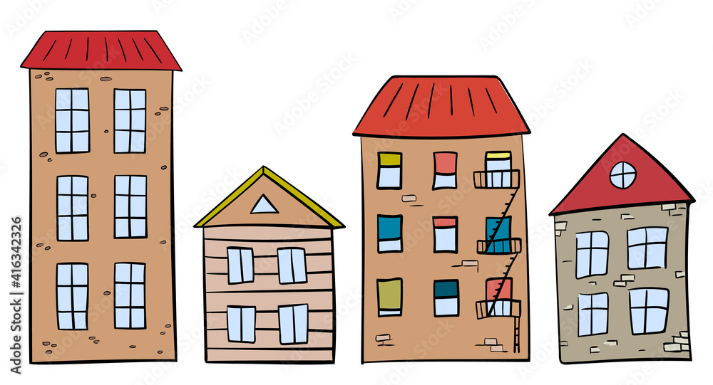 Set of four doodle houses with red roofs and bricks texture Colored isolated outline objects on a white.