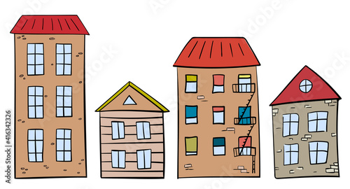Set of four doodle houses with red roofs and bricks texture Colored isolated outline objects on a white. © Tuhenciya