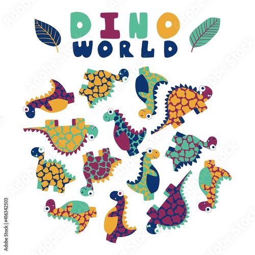 Childish funny dino world set stock vector illustration. Motley friendly dinosaurus print. Cartoon hand drawn prehistoric animals isolated on white. Perfect for t-shirts, bags and more. One of a serie