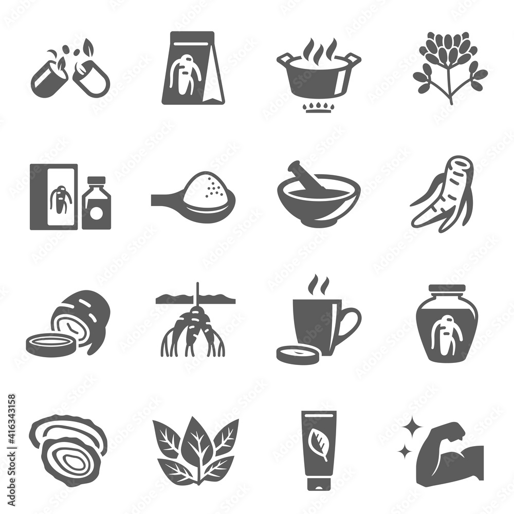 Ginseng root, ingredient, recipe, tea, powder bold black silhouette icons set isolated on white.
