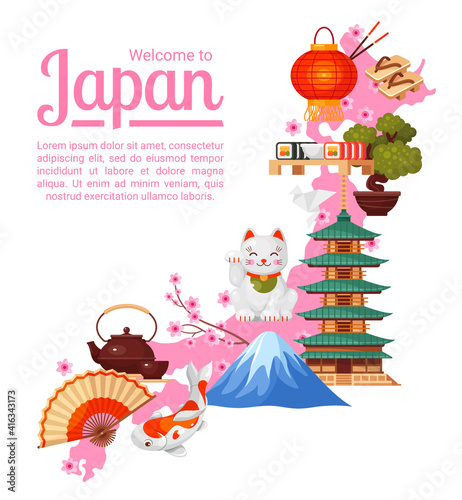 Japan map for web, travel banner. Japanese landmarks, sightseeing attractions poster, flyer.