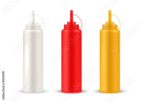 Squeeze bottle for sauce, ketchup realistic mockups set in white, red, yellow colors. Plastic containers.