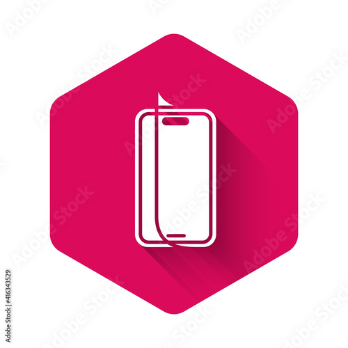 White Glass screen protector for smartphone icon isolated with long shadow background. Protective film for glass. Transparent soft glass for mobile phone. Pink hexagon button. Vector.