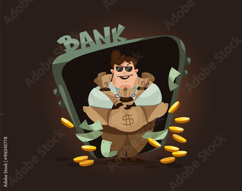 Cartoon character of businessman, successful banker with money