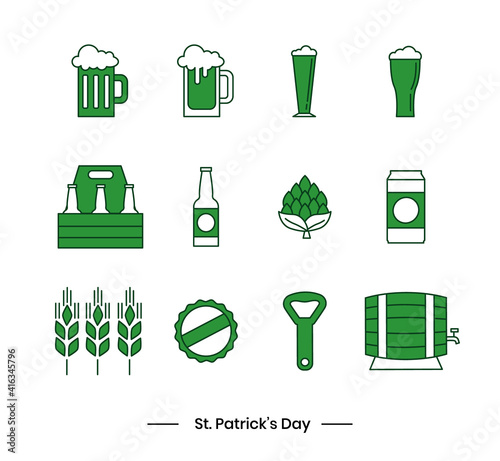 Vector icon set of flat icons in green, white and black colors, for Irish holiday St. Patrick's Day, isolated on white background. Icons for pub or bar menu