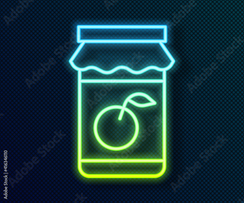 Glowing neon line Jam jar icon isolated on black background. Vector.