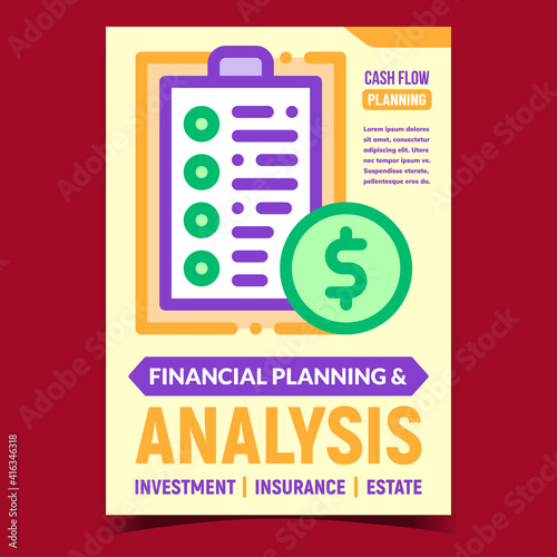 Finance Planning And Analysis Promo Poster Vector. Financial Analysis For Money Investment, Insurance And Real Estate Advertising Banner. Cash Flow Concept Template Style Color Illustration