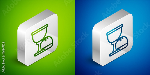 Isometric line Holy grail or chalice icon isolated on green and blue background. Christian chalice. Christianity icon. Silver square button. Vector.