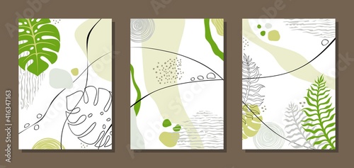 Set of three paintings. Abstract posters with monstera leaves, plant elements, colorful spots, points, lines on a white background. Interior decoration, cards, brochure cover. Modern Art. Vector.