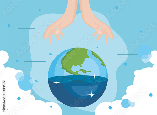Water day with world sphere under hands vector design