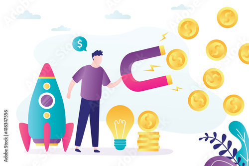 Businessman have new business idea. Entrepreneur holds magnet and attract money. Attracting sponsors and investors to new startup.