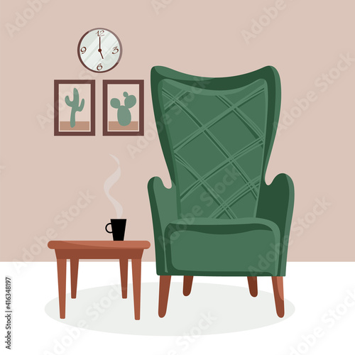 Soft cozy green armchair in the interior. vector illustration
