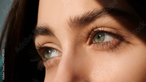 female green eyes with long eyelashes close up. look away