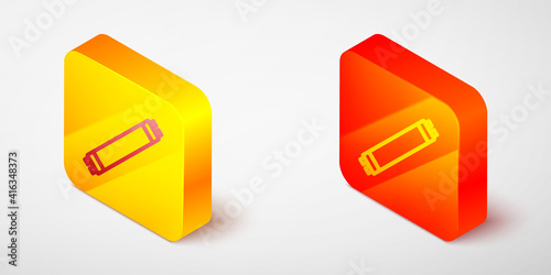 Isometric line Long luminescence fluorescent energy saving lamp icon isolated on grey background. Yellow and orange square button. Vector.