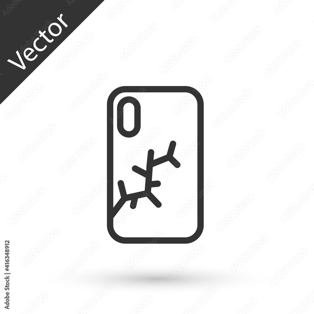 Grey line Smartphone with broken screen icon isolated on white background. Shattered phone screen icon. Vector. Grey line Smartphone with broken screen icon isolated on white background. Shattered phone screen icon. Vector.
