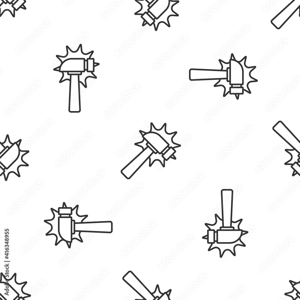 Grey line Hammer icon isolated seamless pattern on white background. Tool for repair. Vector.