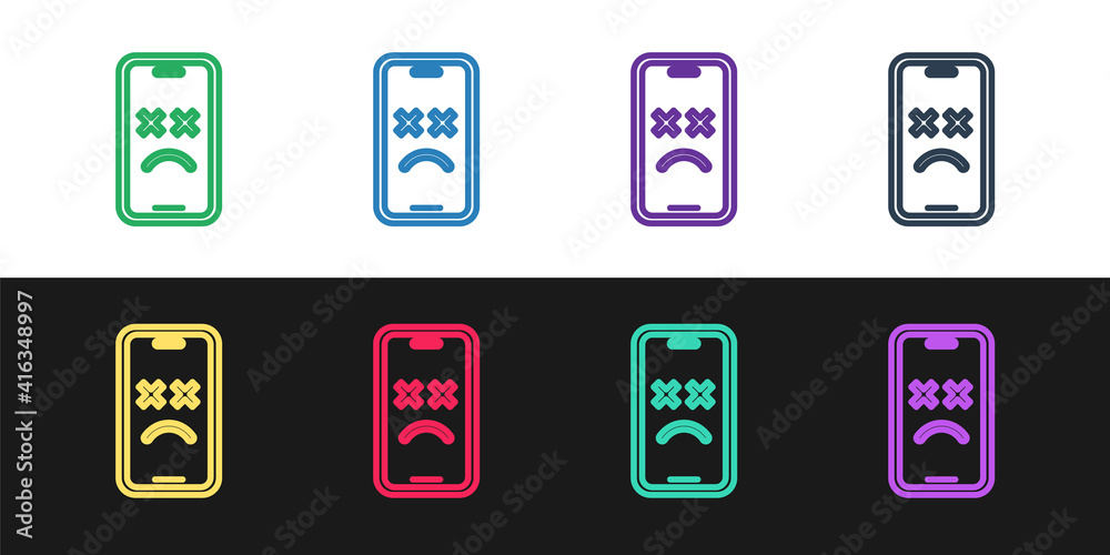 Set line Dead mobile icon isolated on black and white background. Deceased digital device emoji symbol. Corpse smartphone showing facial emotion. Vector. Set line Dead mobile icon isolated on black and white background. Deceased digital device emoji symbol. Corpse smartphone showing facial emotion. Vector.