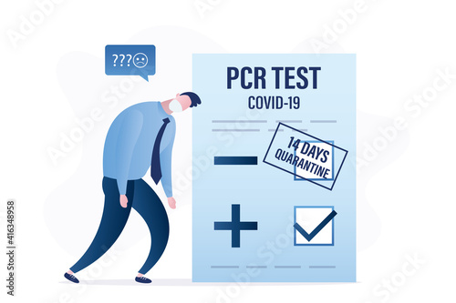 Unhappy man with positive test for coronavirus. Business person is sick covid-19 virus. Stamp at paper - 14 days quarantine at home.