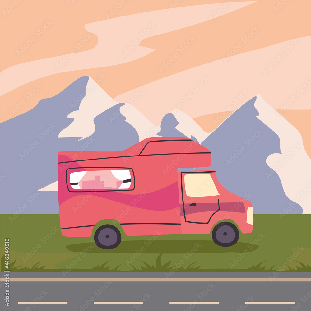 red camper trailer on road vector design