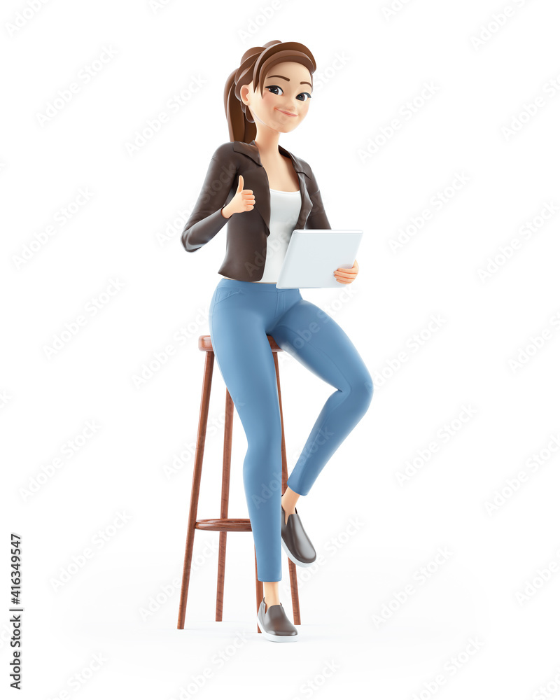 3d cartoon woman sitting with tablet and thumb up 3d cartoon woman sitting with tablet and thumb up