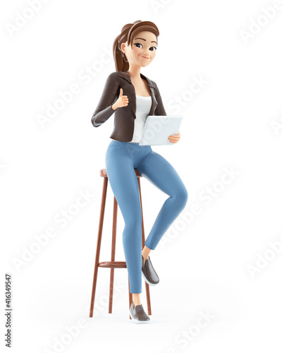 Photography 3d cartoon woman sitting with tablet and thumb up