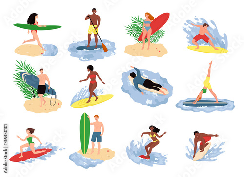 Set of people performing summer sports and leisure outdoor activities at beach. Men and women swimming, diving, surfing.