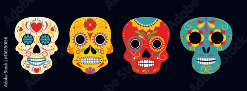Sugar Skull Day of the Death Traditional vector crafted decorations. Mexican traditional religious holiday or Day of Dead.