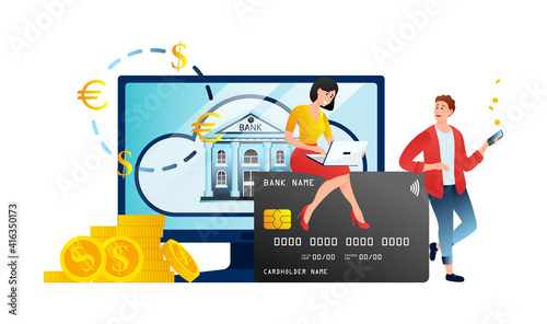 Online banking UI illustration with office people characters doing internet payments. Finance management mobile app templates.