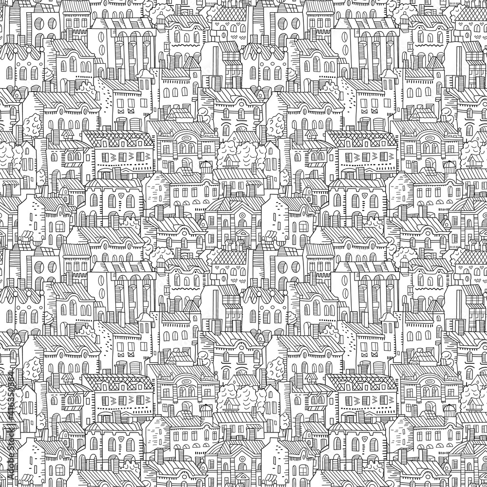 Hand drawn houses seamless pattern.