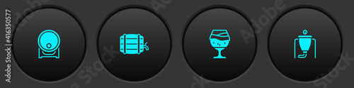 Set Wooden barrel on rack, , Glass of beer and Beer brewing process icon. Vector.