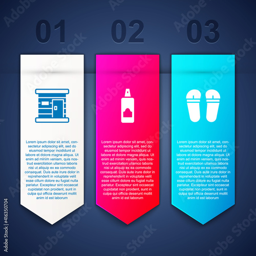 Set Sauna wooden bathhouse, Spray can for hairspray and Flip flops. Business infographic template. Vector.