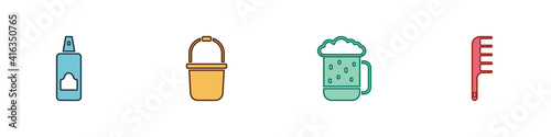 Set Spray can for hairspray, Sauna bucket, Wooden beer mug and Hairbrush icon. Vector.