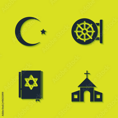 Set Star and crescent, Church building, Jewish torah book and Dharma wheel icon. Vector.