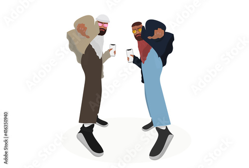 Meeting of two men. Dating app. Find friends, find a partner for a relationship. Handsome, stylishly dressed young men. Smartphone in hand. Vector illustration.