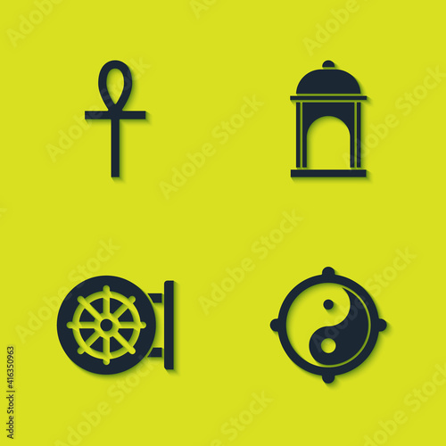 Set Cross ankh, Yin Yang, Dharma wheel and Muslim Mosque icon. Vector.