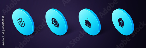 Set Isometric Pope hat, Church tower, Star and crescent and Dharma wheel icon. Vector.