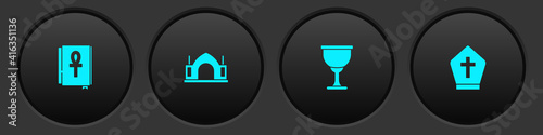 Set Cross ankh book, Hindu spiritual temple, Holy grail or chalice and Pope hat icon. Vector.