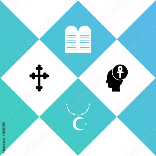 Set Christian cross, Star and crescent on chain, The commandments and Cross ankh icon. Vector.