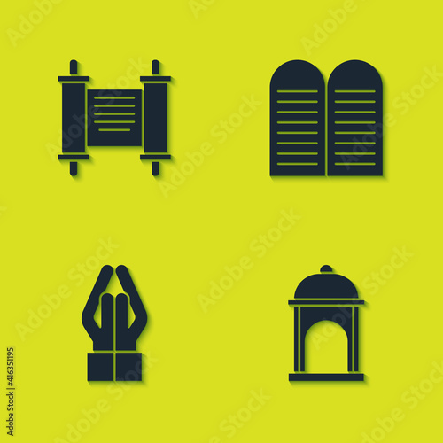 Set Decree, paper, parchment, scroll, Muslim Mosque, Hands in praying position and The commandments icon. Vector.