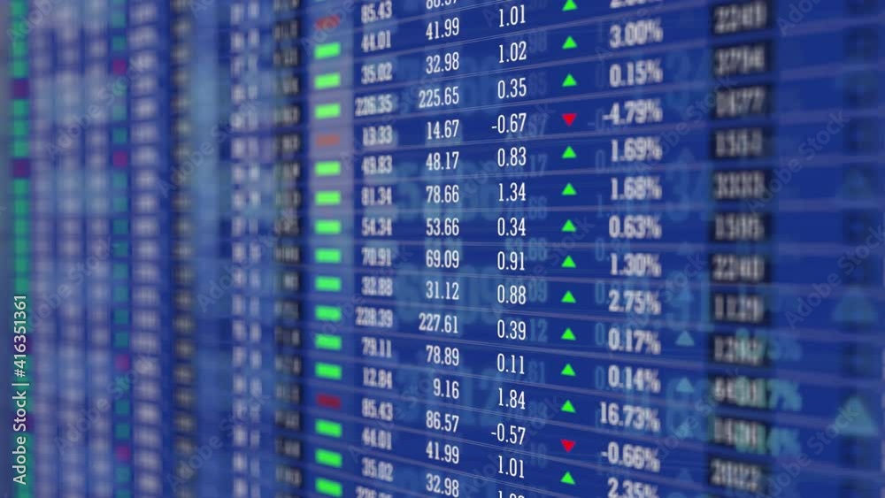 stock market index commodity ticker feed news board line on black background-new quality financial business animation dynamic motion video frames. Soft Selective Focus.