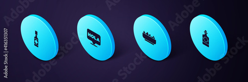 Set Isometric Tequila bottle, Nachos in bowl, Hola and Tabasco sauce icon. Vector.